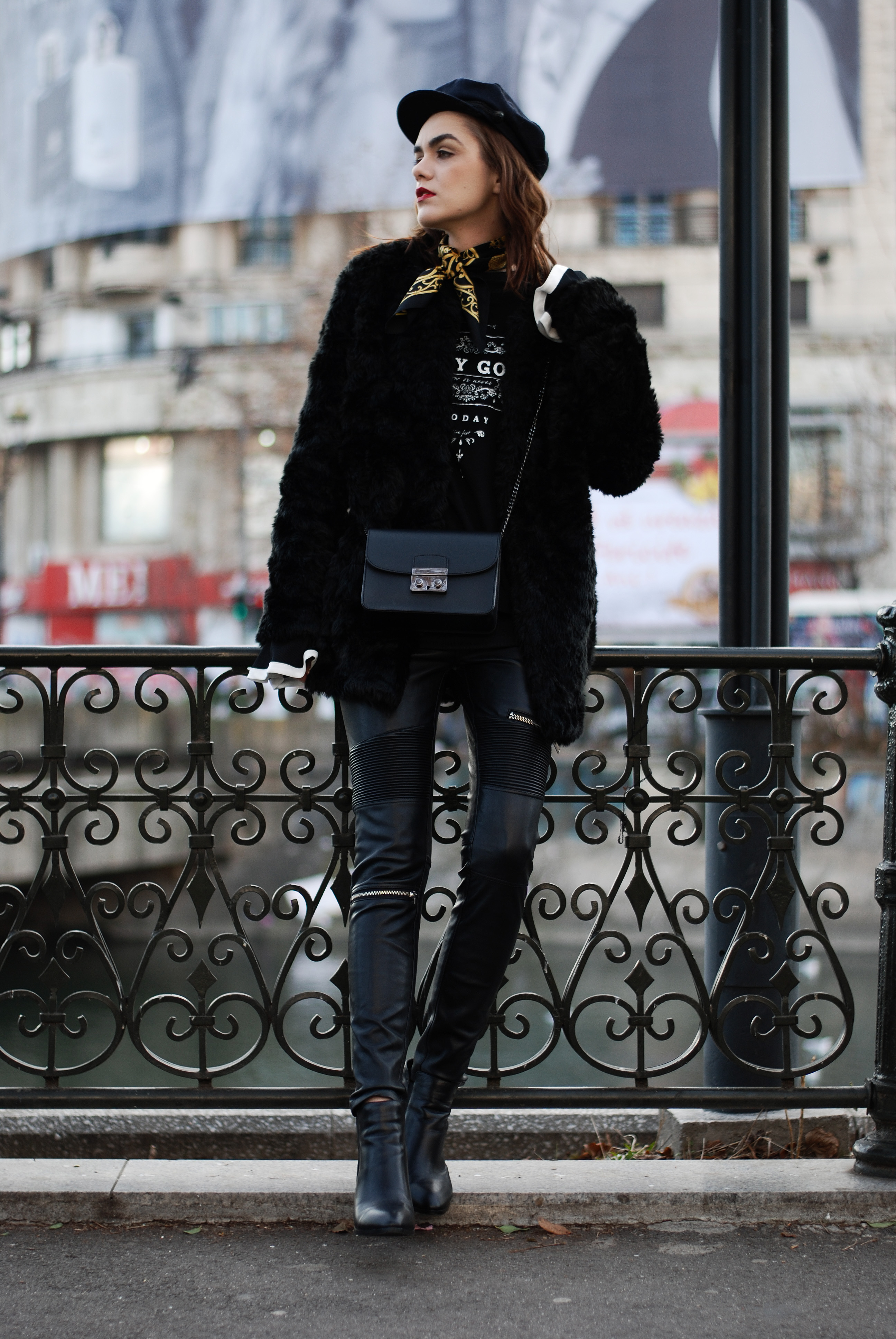 Faux fur coat, faux fur jacket, contrast bell sleeve top, graphic tee, newsboy cap, marina cap, zara leather pants, pu pants, moto pants, pointed toe leather ankle boots, how to look parisian, skinny scarf, black furla metropolis mini crossbody bag, andreea birsan, couturezilla, cute winter outfit ideas 2016, casual outfit ideas, fall outfit, all black outfit