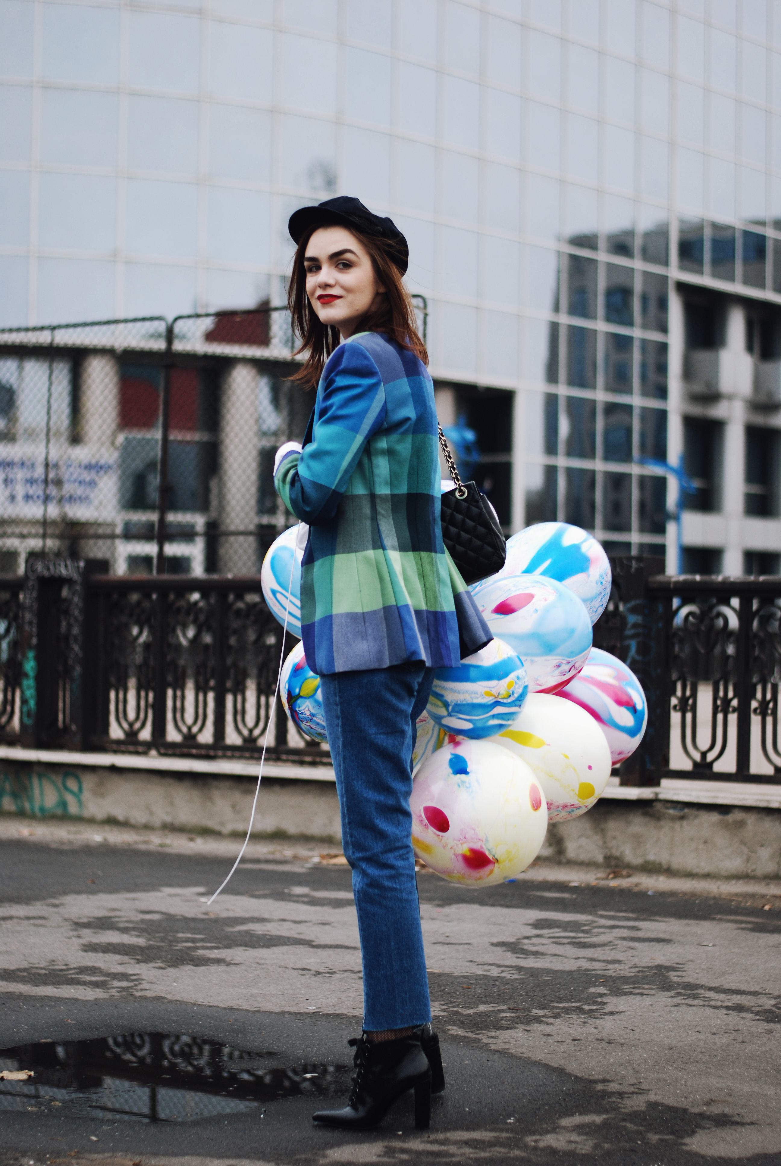 birthday outfit, Printed blazer, vintage patchwork colorful blazer, pussy bow blouse, mango white tie neck blouse, vetements lookalike jeans, hm reworked step hem jeans, patent lace up ankle boots, chanel quilted leather crossbody bag, zara navy newsboy cap, andreea birsan, couturezilla, winter outfit, what to wear on your birthday, birthday girl, fall outfit idea, casual outfit ideas, chic outfit ideas, european fashion blogger, how to wear fishnet tights, romanian fashion blogger, red lipstick, fashion blog, jeans and blazer outfit, how to dress for the cold weather, marble balloons