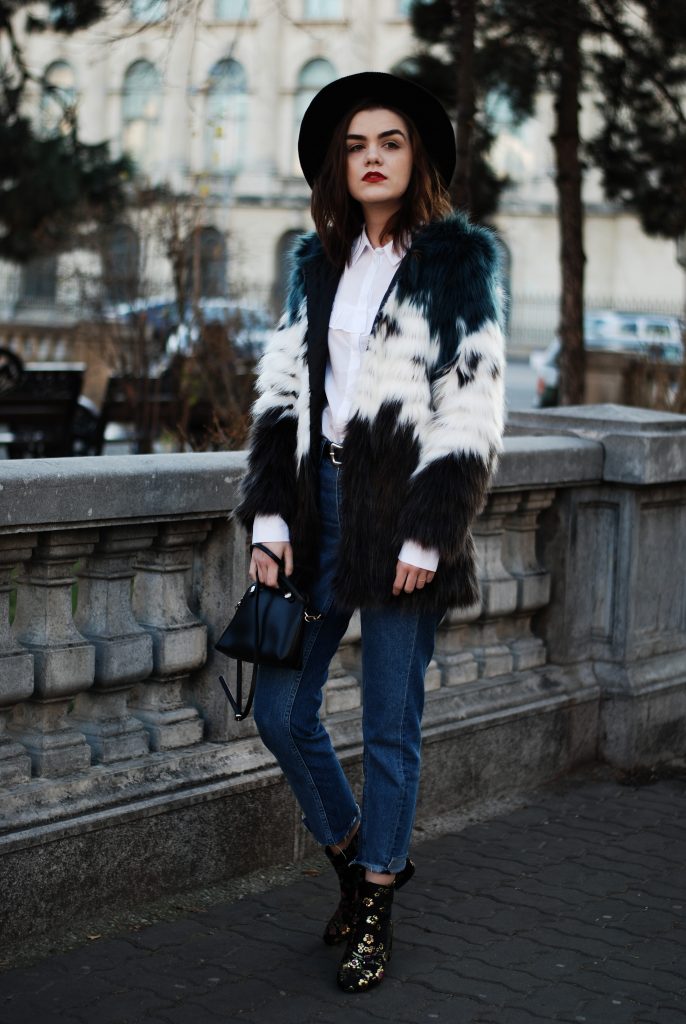 HM step hem jeans, mango, ruffle white button down shirt, multicolor faux fur coat, leather belt, color block faux fur coat, fur jacket, flower embroidered ankle boots, embroidered ankle boots, studded black fedora hat, furla piper s leather crossbody bag, zara outfit, fall outfit, cute winter outfit, andreea birsan, couturezilla, casual winter outfit ideas, chic on a budget, tumblr girl outfit, pinterest outfit for women, how to stay chic during winter, what to wear when it's cold, how to style a faux fur jacket, how to wear embroidered ankle boots, how to mix prints