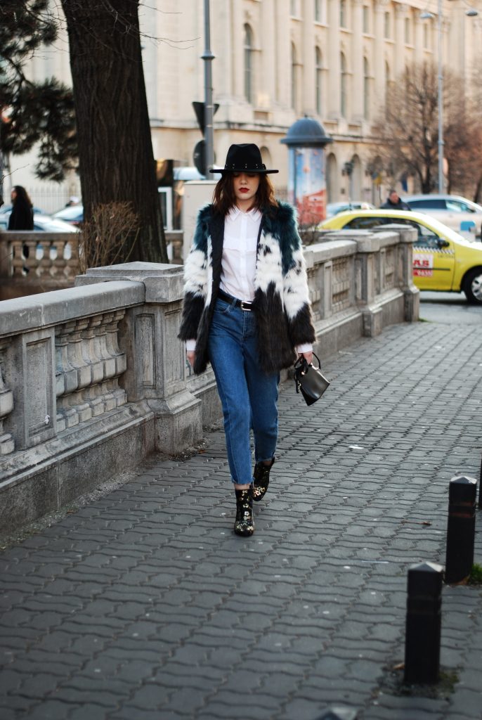 HM step hem jeans, mango, ruffle white button down shirt, multicolor faux fur coat, leather belt, color block faux fur coat, fur jacket, flower embroidered ankle boots, embroidered ankle boots, studded black fedora hat, furla piper s leather crossbody bag, zara outfit, fall outfit, cute winter outfit, andreea birsan, couturezilla, casual winter outfit ideas, chic on a budget, tumblr girl outfit, pinterest outfit for women, how to stay chic during winter, what to wear when it's cold, how to style a faux fur jacket, how to wear embroidered ankle boots, how to mix prints