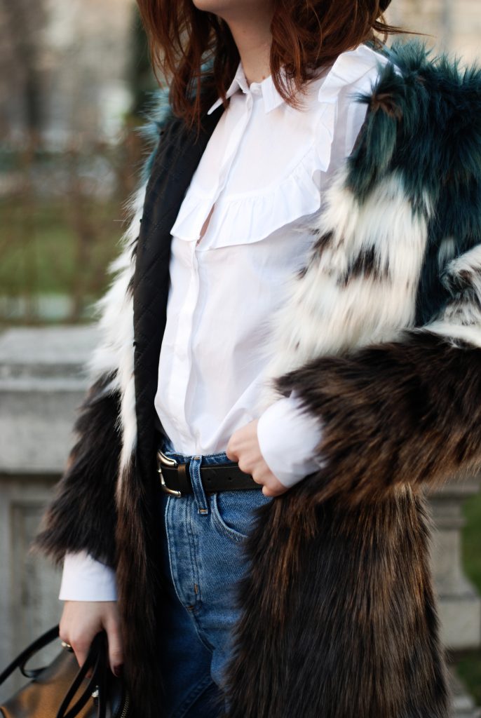 HM step hem jeans, mango, ruffle white button down shirt, multicolor faux fur coat, leather belt, color block faux fur coat, fur jacket, flower embroidered ankle boots, embroidered ankle boots, studded black fedora hat, furla piper s leather crossbody bag, zara outfit, fall outfit, cute winter outfit, andreea birsan, couturezilla, casual winter outfit ideas, chic on a budget, tumblr girl outfit, pinterest outfit for women, how to stay chic during winter, what to wear when it's cold, how to style a faux fur jacket, how to wear embroidered ankle boots, how to mix prints