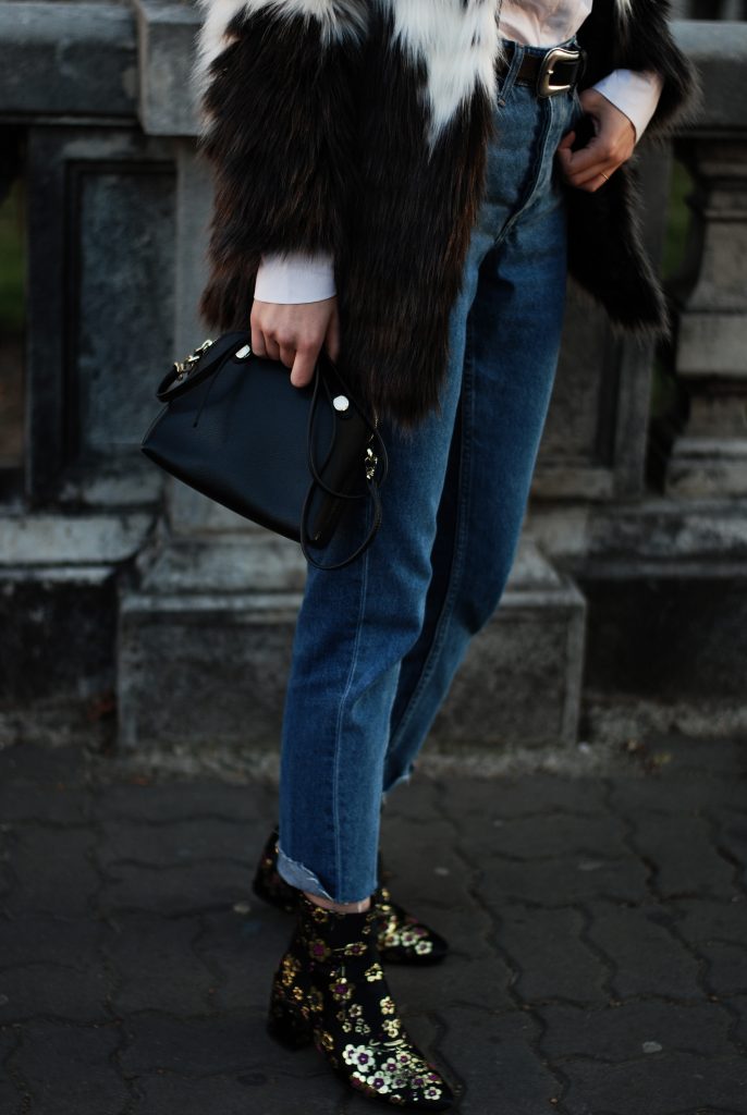 HM step hem jeans, mango, ruffle white button down shirt, multicolor faux fur coat, leather belt, color block faux fur coat, fur jacket, flower embroidered ankle boots, embroidered ankle boots, studded black fedora hat, furla piper s leather crossbody bag, zara outfit, fall outfit, cute winter outfit, andreea birsan, couturezilla, casual winter outfit ideas, chic on a budget, tumblr girl outfit, pinterest outfit for women, how to stay chic during winter, what to wear when it's cold, how to style a faux fur jacket, how to wear embroidered ankle boots, how to mix prints