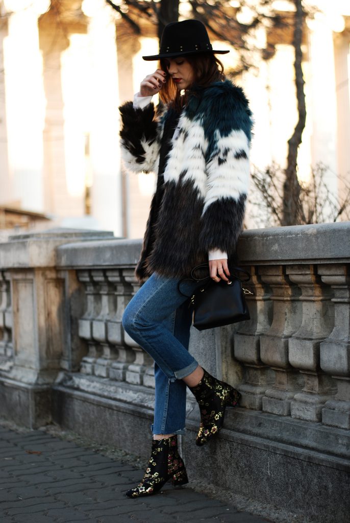 HM step hem jeans, mango, ruffle white button down shirt, multicolor faux fur coat, leather belt, color block faux fur coat, fur jacket, flower embroidered ankle boots, embroidered ankle boots, studded black fedora hat, furla piper s leather crossbody bag, zara outfit, fall outfit, cute winter outfit, andreea birsan, couturezilla, casual winter outfit ideas, chic on a budget, tumblr girl outfit, pinterest outfit for women, how to stay chic during winter, what to wear when it's cold, how to style a faux fur jacket, how to wear embroidered ankle boots, how to mix prints
