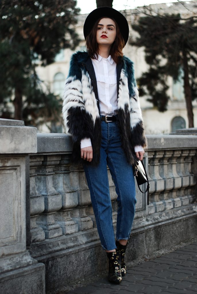HM step hem jeans, mango, ruffle white button down shirt, multicolor faux fur coat, leather belt, color block faux fur coat, fur jacket, flower embroidered ankle boots, embroidered ankle boots, studded black fedora hat, furla piper s leather crossbody bag, zara outfit, fall outfit, cute winter outfit, andreea birsan, couturezilla, casual winter outfit ideas, chic on a budget, tumblr girl outfit, pinterest outfit for women, how to stay chic during winter, what to wear when it's cold, how to style a faux fur jacket, how to wear embroidered ankle boots, how to mix prints