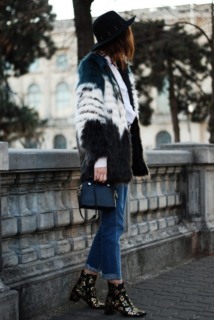 HM step hem jeans, mango, ruffle white button down shirt, multicolor faux fur coat, leather belt, color block faux fur coat, fur jacket, flower embroidered ankle boots, embroidered ankle boots, studded black fedora hat, furla piper s leather crossbody bag, zara outfit, fall outfit, cute winter outfit, andreea birsan, couturezilla, casual winter outfit ideas, chic on a budget, tumblr girl outfit, pinterest outfit for women, how to stay chic during winter, what to wear when it's cold, how to style a faux fur jacket, how to wear embroidered ankle boots, how to mix prints