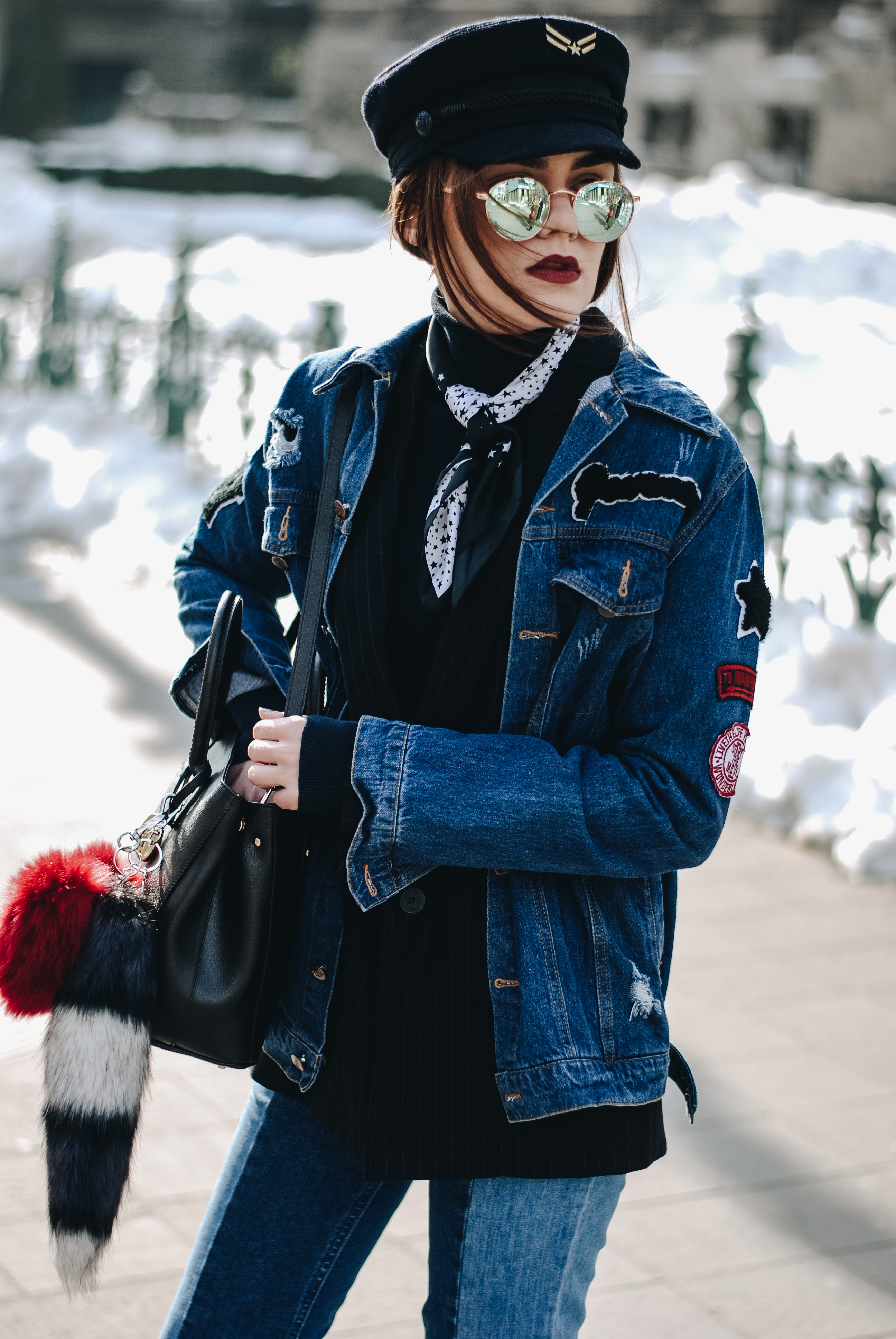 Double denim, boyfriend denim jacket, two tone contrast step hem jeans, mango pinstripe blazer, zara neck scarf, navy turtleneck sweater, gold metallic ankle boots, black leather furla tote bag, tommy hilfiger x gigi hadid military hat, andreea birsan, couturezilla , rayban 50-53 mm mirrored sunglasses, fur charms, how to wear double denim, cute and chic winter outfit ideas 2017, fw, how to stay stylish during winter, pinterest outfit, tumblr outfit, casual fashion blogger outfit, european fashion blog, how to look parisian, topshop, asos