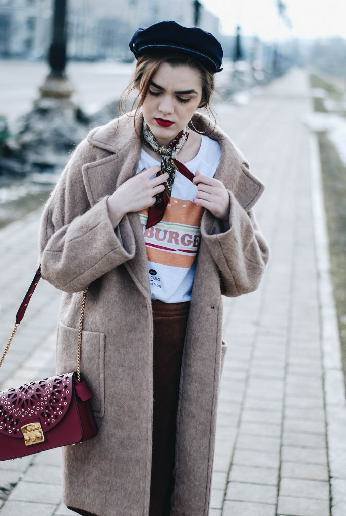 Brown suede midi wrap skirt, graphic tee, fishnet tights, zara navy military hat, tommy hilfiger knee high burgundy boots, furla metropolis red bag, H&M camel beige coat, silver hoop earrings andreea birsan, couturezilla, asos, mango, graphic tshirt, silky scarf, how to look parisian, topshop, fresh casual winter outfit ideas, what to wear a wrap skirt with, how to style knee high boots, pinterest outfits, tumblr outfit, ootd, european fashion blogger, romanian fashion blog