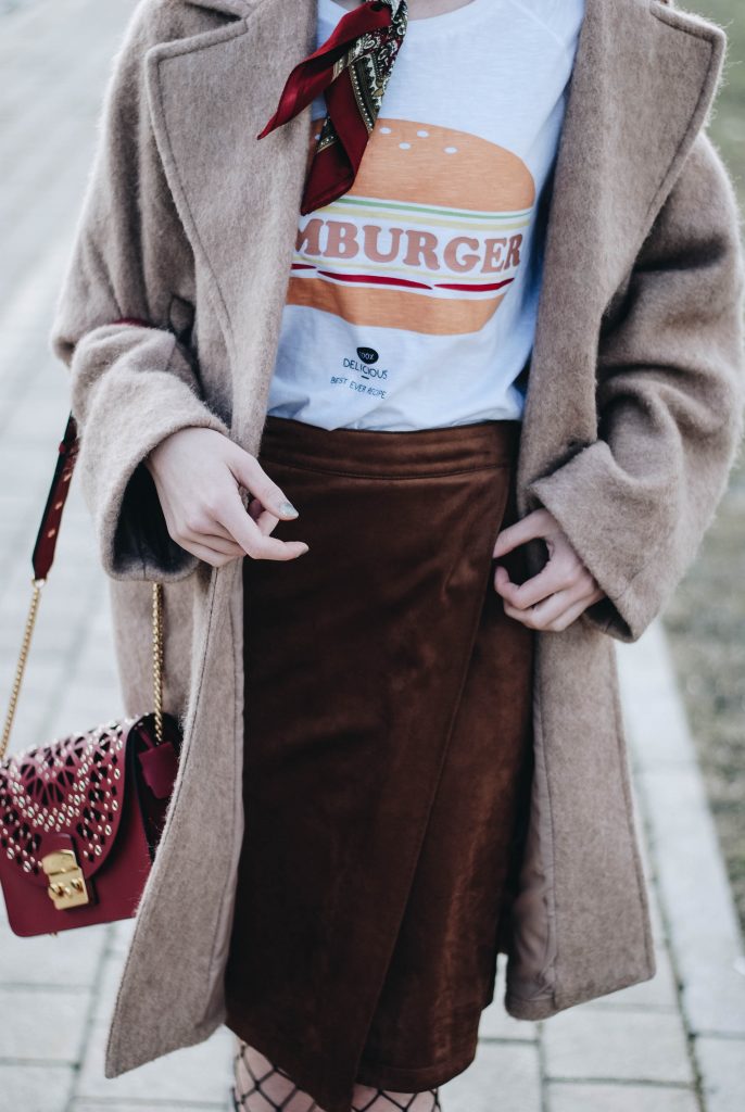 Brown suede midi wrap skirt, graphic tee, fishnet tights, zara navy military hat, tommy hilfiger knee high burgundy boots, furla metropolis red bag, H&M camel beige coat, silver hoop earrings andreea birsan, couturezilla, asos, mango, graphic tshirt, silky scarf, how to look parisian, topshop, fresh casual winter outfit ideas, what to wear a wrap skirt with, how to style knee high boots, pinterest outfits, tumblr outfit, ootd, european fashion blogger, romanian fashion blog