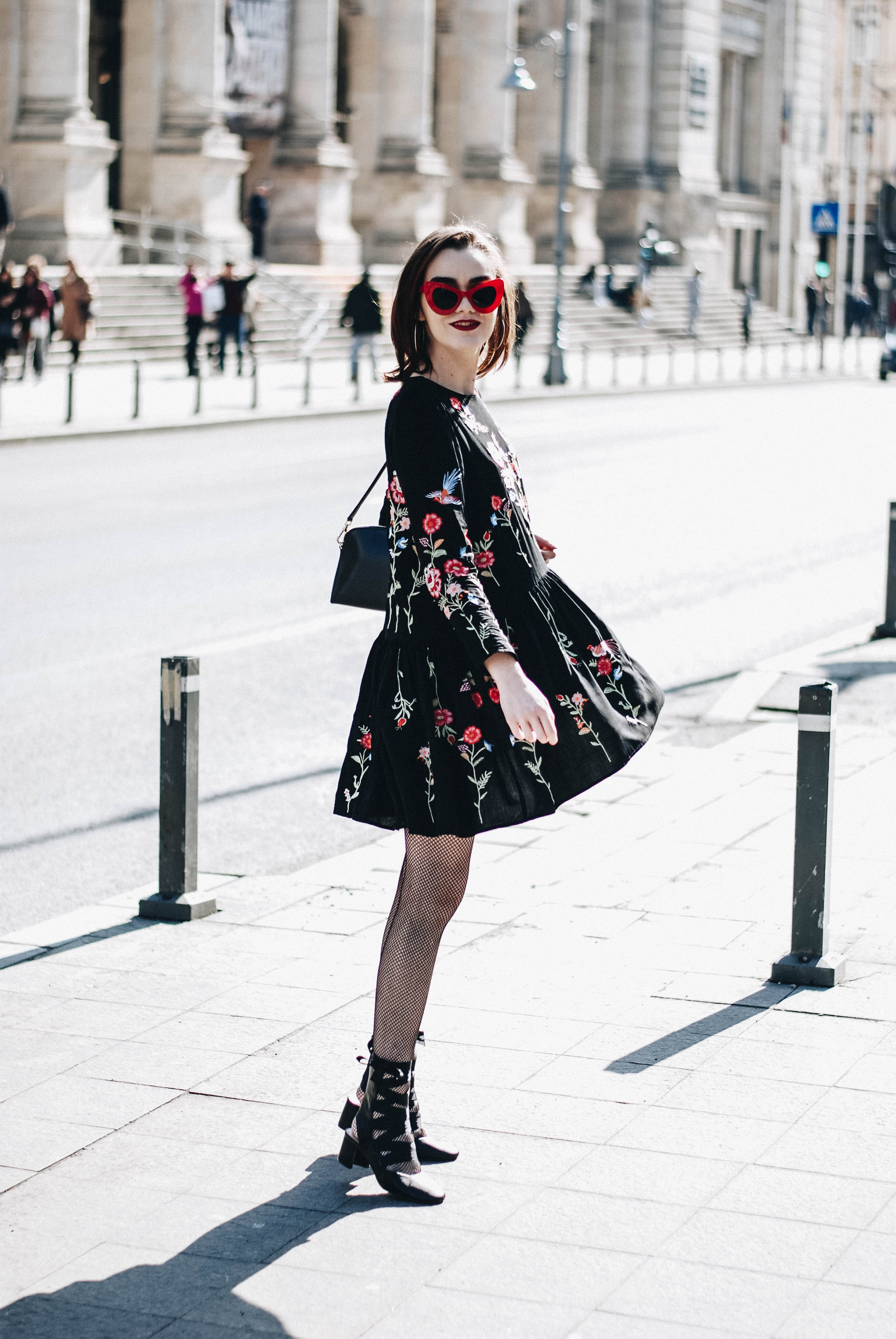 Chichwish flower embroidered boho dress, studs, mango studded jacket, embroidered dress, topshop, asos, zara pu leather jacket, biker jacket, flower embroidered black leather jacket for women, how to wear fishnet tights and look girly, black leather lace up cut out shoes, ankle boots, red cat eye retro sunglasses, furla piper s black shoulder bag, andreea birsan, couturezilla, cute spring outfit inspiration 2017, chic outfit inspiration for winter, casual outfit for winter, fashion trends 2017, floral dress, all black ootd, outfit of the day, pinterest outfit for women, tumblr girls look, short hair, bob, red lipstick, silver hoop earrings, lfw, mfw, nyfw, pfw, fashion week, paris, london, milan, new york, what to wear, fashionista, european fashion blogger, romanian fashion blog, chic on a budget