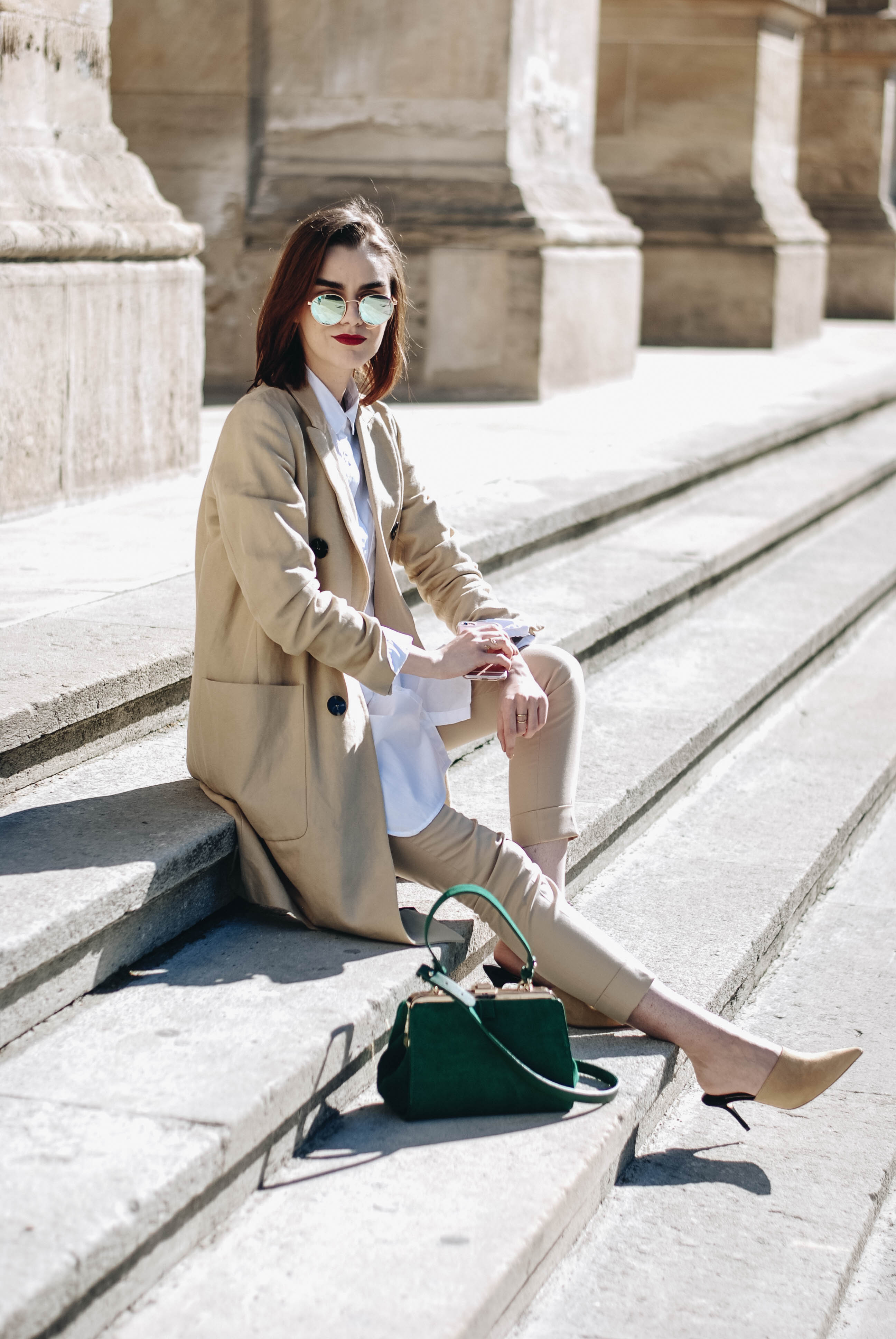 Zara beige trench coat, asos long white button down shirt, stefanel beige skinny trousers, mango suede heeled mules, chanel lookalike mules, topshop green suede bag, ray ban round mirrored sunglasses, andreea birsan, couturezilla, cute spring outfit inspiration 2017, outfit goals, fashion inspiration, fashion trends for spring 2017, best minimal outfit idea, business attire, all beige outfit, how to wear all beige, neutrals, the color that makes everything look luxurious, street style, european fashion blogger, romanian fashion blog, how to look parisian chic, casual pinterest outfit for women, tumblr girls, inspo, ootd, outfit of the day, color combination, emerald