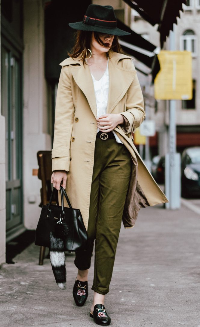 Zara camel beige trench coat, vintage trench, massimo dutti sheer sleeveless shirt, mango khaki jogger pants, asos trousers, gucci embroidered mule dupes, gucci double buckle g leather belt, furla linda black leather tote bag, topshop fur charm, brixton black fedora hat, gold pleated hoop earrings, statement, andreea birsan, couturezilla, cute spring outfit ideas 2017, how to mix neutrals, where to find the best gucci dupe mules, best alternative to the popular loafers, affordable outfit, chic on a budget, european spring street style inspiration, how to look parisian chic, how to wear joggers in a chic way, fashion trends 2017, ootd color combination, outfit of the day, romanian fashion blog, european fashion blogger, chic pinterest outfit ideas for women, tumblr girls, minimal outfit, trendy look