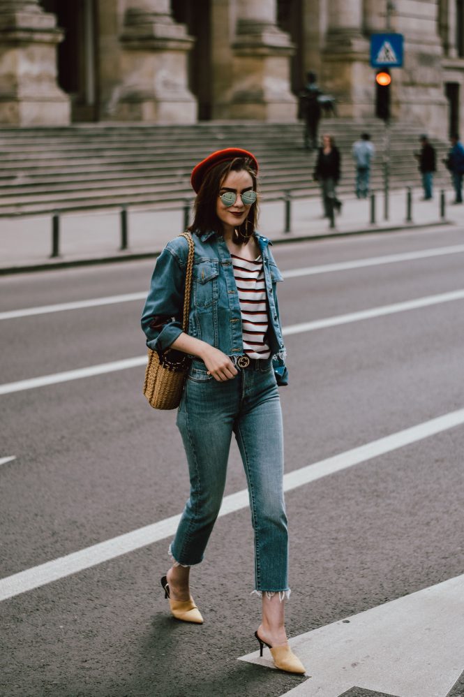 levis light boyfriend jeans, relaxed denim, double denim outfit, stradivarius breton stripe top, how to look parisian chic, mango red beret, zara beige suede heeled mules, topshop star printed denim jacket, raw denim, frayed hem jeans, asos woven bag, raffia bag, mini tote bag, ray ban round mirrored 50 mm sunglasses, andreea birsan, couturezilla, cute spring outfit ideas 2017, summer outfit inspo, how to wear double denim, minimal and chic ootd, european spring street style inspo, fashionista, outfit of the day, casual pinterest outfit for women, tumblr girls, gucci belt, gold earrings, breton stripe, chic on a budget, european fashion blogger, romanian fashion blog