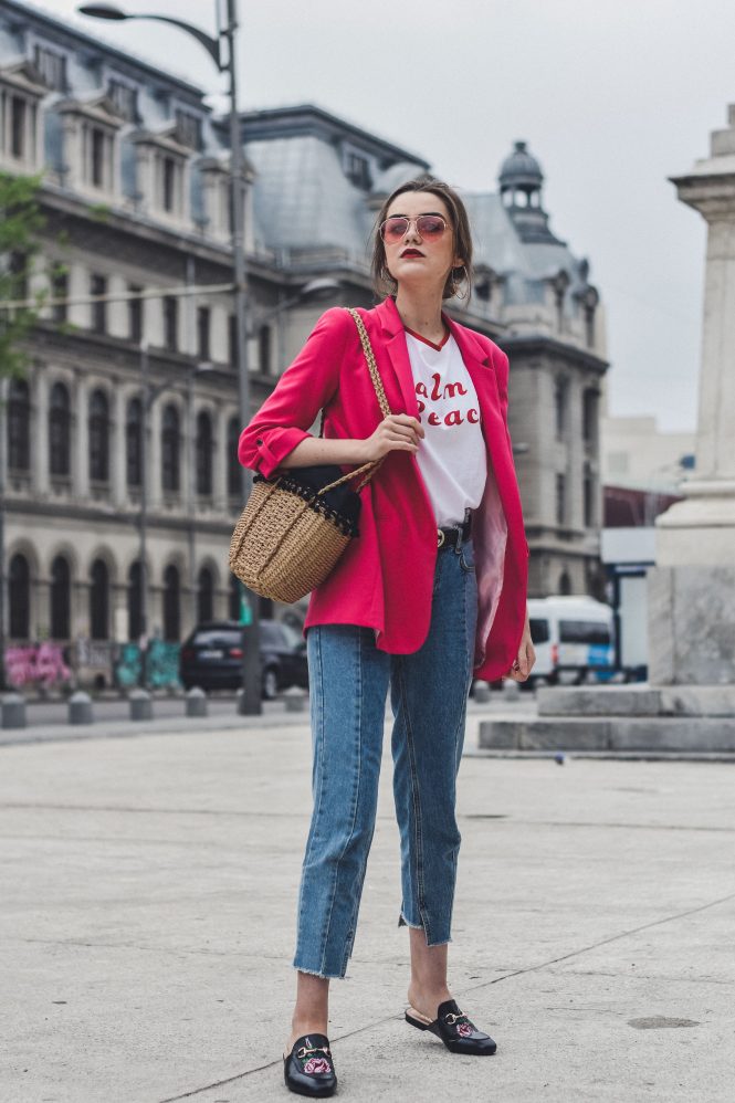 Budget friendly spring and summer outfit ideas 2017, Zara pink blazer, mango pannel retro graphic t-shirt, asos printed tee, woven bag, straw bag, raffia bag, the best bag you will wear all summer, boohoo graphic tee, fuchsia blazer, topshop step hem two tone mom jeans, deconstructed denim, on trend jeans, best jeans of 2017, h&m tinted sunglasses, gucci lflower embroidered loafers, gucci loafers, mules, gucci dupe mules, riversisland woven bag, andreea birsan, couturezilla, silver hoop earrings, accessories, double g gucci belt, leather belt, styling, red lipstick, tinted lens sunglasses trend, fashionista, cute spring outfit ideas 2017, color combination, what to wear with pink, how to wear a pink blazer, chic pinterest outfit for women, what to wear on a weekend, minimal outfit, cute outfit for women, easy to reproduce outfit, chic on a budget, european spring street style inspiration, outfit inspo, outfit of the day, ootd, romanian fashion blog, european fashion blogger, fashion trends for spring 2017, what to wear loafers with, how to style mules, messy bun, bucharest