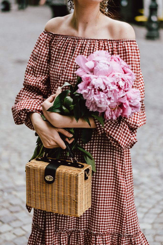 Zara red midi gingham dress, furry pink gucci mules, pink gucci loafers, blush pink, gucci slippers, slides, gucci lookalike shoes, dupes, asos square straw bag, topshop woven bag, river island summer bag, mango chic dress, ray ban retro cat eye red sunglasses, fresh peonies, flowers, blooms, pink peonies, jewelry, boohoo star earrings, andreea birsan, couturezilla, cute summer outfit ideas 2017, spring outfit inspiration, outfit inspo, ootd, outfit of the day, fashion trends for summer 2017, fashionista, european fashion blogger, romanian fashion blog, summer european street style, how to wear a midi gingham dress with slides, how to wear a midi dress, the best gingham dresses, gingham the hottest summer trend, messy bun, how to look parisian, italiana, parisian chic, cinematic, old center bucharest, summer in europe, chic lady, chic on a budget, feminine summer outfits, how to wear gingham like a pro, casual pinterest outfit for women, happy tumblr girls photos, pictures, urban decay red lipstick, summer style inspiration, how to wear red and pink, cuttest summer bags, the best bags for summer, tie bow dress, ruffle sleeves, frilled hem dress