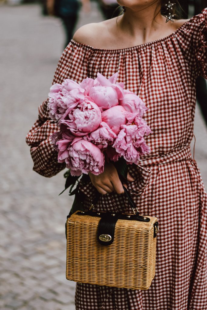 Zara red midi gingham dress, furry pink gucci mules, pink gucci loafers, blush pink, gucci slippers, slides, gucci lookalike shoes, dupes, asos square straw bag, topshop woven bag, river island summer bag, mango chic dress, ray ban retro cat eye red sunglasses, fresh peonies, flowers, blooms, pink peonies, jewelry, boohoo star earrings, andreea birsan, couturezilla, cute summer outfit ideas 2017, spring outfit inspiration, outfit inspo, ootd, outfit of the day, fashion trends for summer 2017, fashionista, european fashion blogger, romanian fashion blog, summer european street style, how to wear a midi gingham dress with slides, how to wear a midi dress, the best gingham dresses, gingham the hottest summer trend, messy bun, how to look parisian, italiana, parisian chic, cinematic, old center bucharest, summer in europe, chic lady, chic on a budget, feminine summer outfits, how to wear gingham like a pro, casual pinterest outfit for women, happy tumblr girls photos, pictures, urban decay red lipstick, summer style inspiration, how to wear red and pink, cuttest summer bags, the best bags for summer, tie bow dress, ruffle sleeves, frilled hem dress