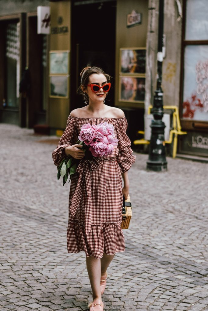 Zara red midi gingham dress, furry pink gucci mules, pink gucci loafers, blush pink, gucci slippers, slides, gucci lookalike shoes, dupes, asos square straw bag, topshop woven bag, river island summer bag, mango chic dress, ray ban retro cat eye red sunglasses, fresh peonies, flowers, blooms, pink peonies, jewelry, boohoo star earrings, andreea birsan, couturezilla, cute summer outfit ideas 2017, spring outfit inspiration, outfit inspo, ootd, outfit of the day, fashion trends for summer 2017, fashionista, european fashion blogger, romanian fashion blog, summer european street style, how to wear a midi gingham dress with slides, how to wear a midi dress, the best gingham dresses, gingham the hottest summer trend, messy bun, how to look parisian, italiana, parisian chic, cinematic, old center bucharest, summer in europe, chic lady, chic on a budget, feminine summer outfits, how to wear gingham like a pro, casual pinterest outfit for women, happy tumblr girls photos, pictures, urban decay red lipstick, summer style inspiration, how to wear red and pink, cuttest summer bags, the best bags for summer, tie bow dress, ruffle sleeves, frilled hem dress