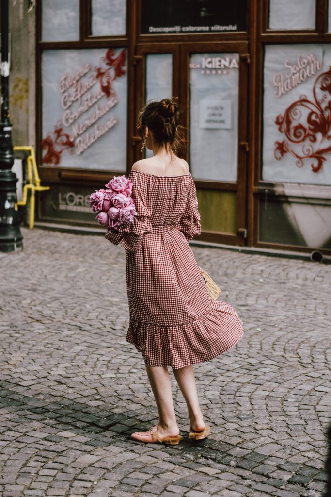 Zara red midi gingham dress, furry pink gucci mules, pink gucci loafers, blush pink, gucci slippers, slides, gucci lookalike shoes, dupes, asos square straw bag, topshop woven bag, river island summer bag, mango chic dress, ray ban retro cat eye red sunglasses, fresh peonies, flowers, blooms, pink peonies, jewelry, boohoo star earrings, andreea birsan, couturezilla, cute summer outfit ideas 2017, spring outfit inspiration, outfit inspo, ootd, outfit of the day, fashion trends for summer 2017, fashionista, european fashion blogger, romanian fashion blog, summer european street style, how to wear a midi gingham dress with slides, how to wear a midi dress, the best gingham dresses, gingham the hottest summer trend, messy bun, how to look parisian, italiana, parisian chic, cinematic, old center bucharest, summer in europe, chic lady, chic on a budget, feminine summer outfits, how to wear gingham like a pro, casual pinterest outfit for women, happy tumblr girls photos, pictures, urban decay red lipstick, summer style inspiration, how to wear red and pink, cuttest summer bags, the best bags for summer, tie bow dress, ruffle sleeves, frilled hem dress