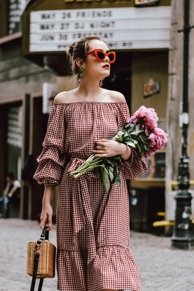 Zara red midi gingham dress, furry pink gucci mules, pink gucci loafers, blush pink, gucci slippers, slides, gucci lookalike shoes, dupes, asos square straw bag, topshop woven bag, river island summer bag, mango chic dress, ray ban retro cat eye red sunglasses, fresh peonies, flowers, blooms, pink peonies, jewelry, boohoo star earrings, andreea birsan, couturezilla, cute summer outfit ideas 2017, spring outfit inspiration, outfit inspo, ootd, outfit of the day, fashion trends for summer 2017, fashionista, european fashion blogger, romanian fashion blog, summer european street style, how to wear a midi gingham dress with slides, how to wear a midi dress, the best gingham dresses, gingham the hottest summer trend, messy bun, how to look parisian, italiana, parisian chic, cinematic, old center bucharest, summer in europe, chic lady, chic on a budget, feminine summer outfits, how to wear gingham like a pro, casual pinterest outfit for women, happy tumblr girls photos, pictures, urban decay red lipstick, summer style inspiration, how to wear red and pink, cuttest summer bags, the best bags for summer, tie bow dress, ruffle sleeves, frilled hem dress