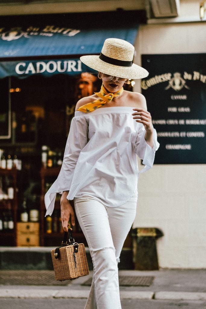 Mango cropped distressed white jeans, asos white mom jeans, photos, pictures, photography, topshop boyfriend white jeans, levi's jeans, vintage, zara white off shoulder top, ots top, summer blouse, rivers island, nanacay square straw bag, bamboo bag, woven bag, norstrom, boohoo, stradivarius, berhska, public desire flower embroidered sandals, raffia bag, the best bag for summer, woven, boater straw hat, fedora hat, how to wear a straw hat, how to wear all white in summer, all white summer outfit ideas, andreea birsan, couturezilla, cute summer outfit ideas 2017, ootd, outfit of the day, european summer street style 2017, fashion trends for summer, what to wear when it's too warm, you will want to wear, chic on a budget, vintage floral yellow scarf, skinny scarf, girl, woman, chic pinterest outfit for women, summer outfit inspiration, tubmlr girls photos, pictures of outfit, women with style, how to look parisian chic, the best minimal outfit, ray ban clear lens glasses, the glasses which are all over instagram, aviator glasses, frames, floral embroidered strappy sandals, embroidery, floral, style inspiration, european fashion blog, romanian fashion blog, parisian stand with wine, yellow cream and white outfit, summer blouse, off the shoulder, raw hem jeans, denim, casual outfits for women during summer and spring, how to beat the heat, the best outfit ideas, fashionista, romanian fashion blog, uk fashion blogger, style icon, how to wear all white like a pro, white summer outfit, bucharest