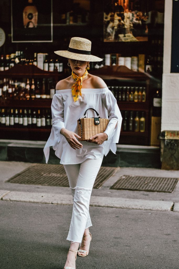 Mango cropped distressed white jeans, asos white mom jeans, photos, pictures, photography, topshop boyfriend white jeans, levi's jeans, vintage, zara white off shoulder top, ots top, summer blouse, rivers island, nanacay square straw bag, bamboo bag, woven bag, norstrom, boohoo, stradivarius, berhska, public desire flower embroidered sandals, raffia bag, the best bag for summer, woven, boater straw hat, fedora hat, how to wear a straw hat, how to wear all white in summer, all white summer outfit ideas, andreea birsan, couturezilla, cute summer outfit ideas 2017, ootd, outfit of the day, european summer street style 2017, fashion trends for summer, what to wear when it's too warm, you will want to wear, chic on a budget, vintage floral yellow scarf, skinny scarf, girl, woman, chic pinterest outfit for women, summer outfit inspiration, tubmlr girls photos, pictures of outfit, women with style, how to look parisian chic, the best minimal outfit, ray ban clear lens glasses, the glasses which are all over instagram, aviator glasses, frames, floral embroidered strappy sandals, embroidery, floral, style inspiration, european fashion blog, romanian fashion blog, parisian stand with wine, yellow cream and white outfit, summer blouse, off the shoulder, raw hem jeans, denim, casual outfits for women during summer and spring, how to beat the heat, the best outfit ideas, fashionista, romanian fashion blog, uk fashion blogger, style icon, how to wear all white like a pro, white summer outfit, bucharest