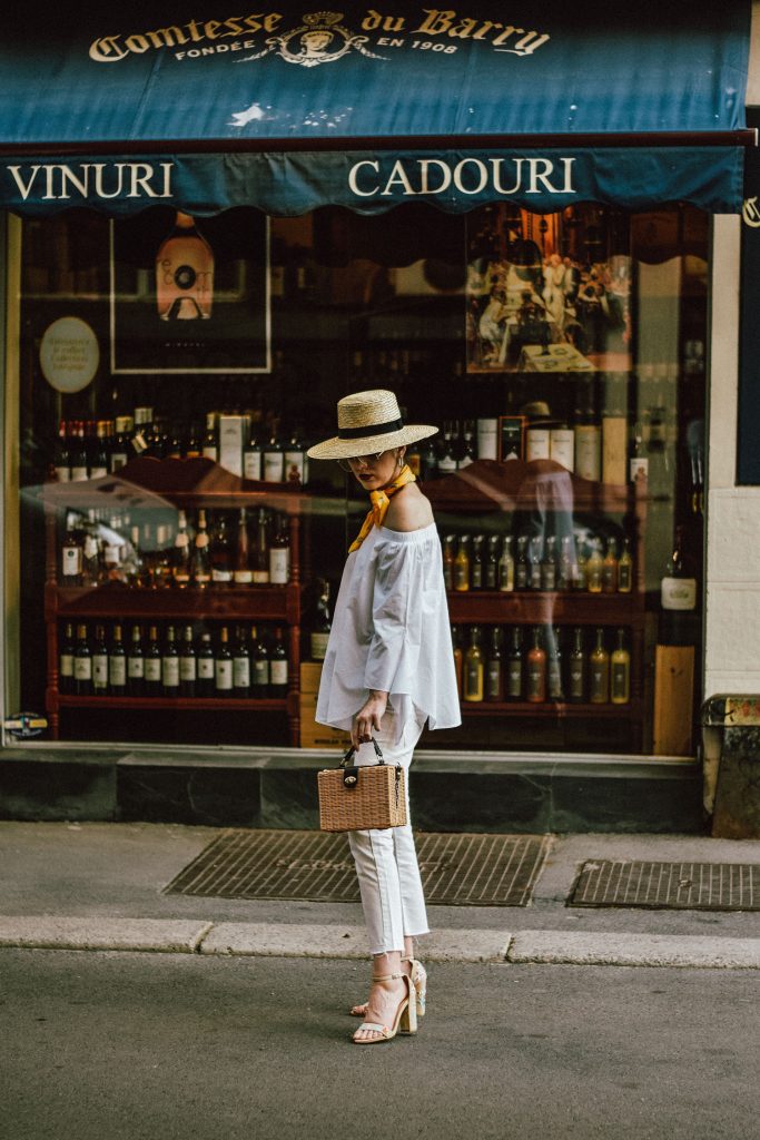 Mango cropped distressed white jeans, asos white mom jeans, photos, pictures, photography, topshop boyfriend white jeans, levi's jeans, vintage, zara white off shoulder top, ots top, summer blouse, rivers island, nanacay square straw bag, bamboo bag, woven bag, norstrom, boohoo, stradivarius, berhska, public desire flower embroidered sandals, raffia bag, the best bag for summer, woven, boater straw hat, fedora hat, how to wear a straw hat, how to wear all white in summer, all white summer outfit ideas, andreea birsan, couturezilla, cute summer outfit ideas 2017, ootd, outfit of the day, european summer street style 2017, fashion trends for summer, what to wear when it's too warm, you will want to wear, chic on a budget, vintage floral yellow scarf, skinny scarf, girl, woman, chic pinterest outfit for women, summer outfit inspiration, tubmlr girls photos, pictures of outfit, women with style, how to look parisian chic, the best minimal outfit, ray ban clear lens glasses, the glasses which are all over instagram, aviator glasses, frames, floral embroidered strappy sandals, embroidery, floral, style inspiration, european fashion blog, romanian fashion blog, parisian stand with wine, yellow cream and white outfit, summer blouse, off the shoulder, raw hem jeans, denim, casual outfits for women during summer and spring, how to beat the heat, the best outfit ideas, fashionista, romanian fashion blog, uk fashion blogger, style icon, how to wear all white like a pro, white summer outfit, bucharest