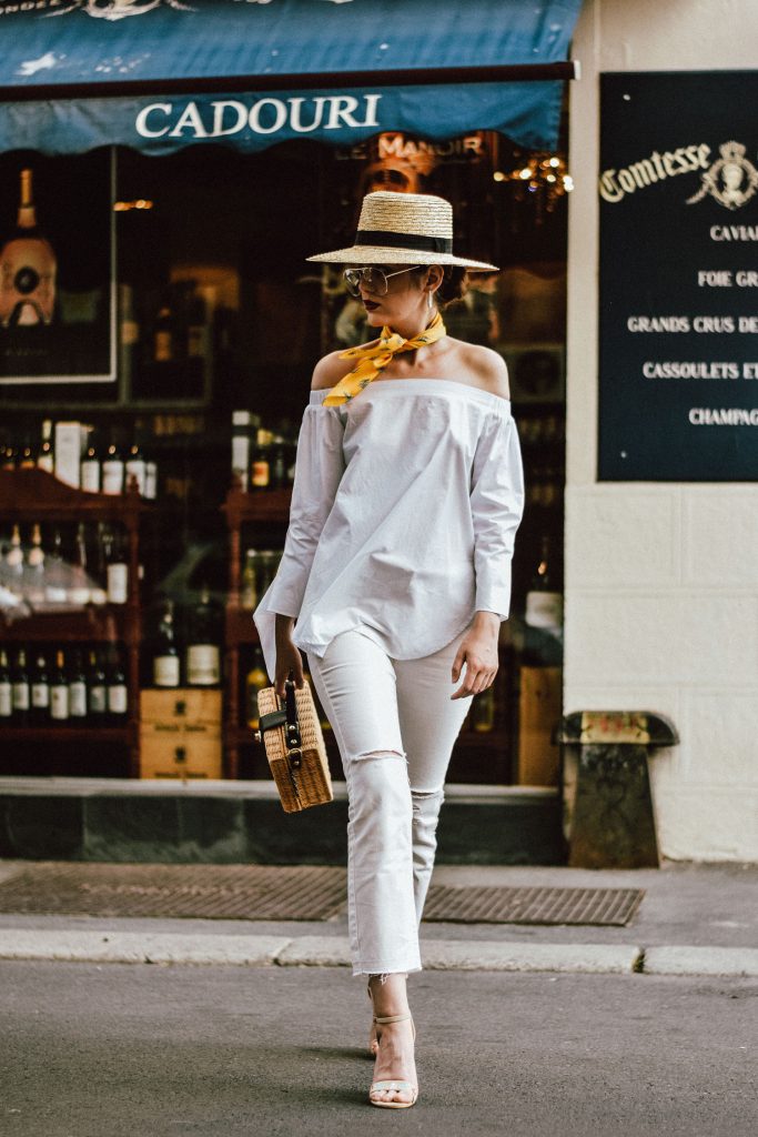 Mango cropped distressed white jeans, asos white mom jeans, photos, pictures, photography, topshop boyfriend white jeans, levi's jeans, vintage, zara white off shoulder top, ots top, summer blouse, rivers island, nanacay square straw bag, bamboo bag, woven bag, norstrom, boohoo, stradivarius, berhska, public desire flower embroidered sandals, raffia bag, the best bag for summer, woven, boater straw hat, fedora hat, how to wear a straw hat, how to wear all white in summer, all white summer outfit ideas, andreea birsan, couturezilla, cute summer outfit ideas 2017, ootd, outfit of the day, european summer street style 2017, fashion trends for summer, what to wear when it's too warm, you will want to wear, chic on a budget, vintage floral yellow scarf, skinny scarf, girl, woman, chic pinterest outfit for women, summer outfit inspiration, tubmlr girls photos, pictures of outfit, women with style, how to look parisian chic, the best minimal outfit, ray ban clear lens glasses, the glasses which are all over instagram, aviator glasses, frames, floral embroidered strappy sandals, embroidery, floral, style inspiration, european fashion blog, romanian fashion blog, parisian stand with wine, yellow cream and white outfit, summer blouse, off the shoulder, raw hem jeans, denim, casual outfits for women during summer and spring, how to beat the heat, the best outfit ideas, fashionista, romanian fashion blog, uk fashion blogger, style icon, how to wear all white like a pro, white summer outfit, bucharest