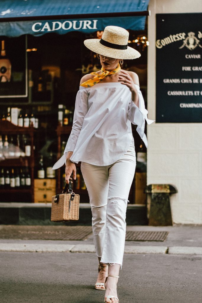 Mango cropped distressed white jeans, asos white mom jeans, photos, pictures, photography, topshop boyfriend white jeans, levi's jeans, vintage, zara white off shoulder top, ots top, summer blouse, rivers island, nanacay square straw bag, bamboo bag, woven bag, norstrom, boohoo, stradivarius, berhska, public desire flower embroidered sandals, raffia bag, the best bag for summer, woven, boater straw hat, fedora hat, how to wear a straw hat, how to wear all white in summer, all white summer outfit ideas, andreea birsan, couturezilla, cute summer outfit ideas 2017, ootd, outfit of the day, european summer street style 2017, fashion trends for summer, what to wear when it's too warm, you will want to wear, chic on a budget, vintage floral yellow scarf, skinny scarf, girl, woman, chic pinterest outfit for women, summer outfit inspiration, tubmlr girls photos, pictures of outfit, women with style, how to look parisian chic, the best minimal outfit, ray ban clear lens glasses, the glasses which are all over instagram, aviator glasses, frames, floral embroidered strappy sandals, embroidery, floral, style inspiration, european fashion blog, romanian fashion blog, parisian stand with wine, yellow cream and white outfit, summer blouse, off the shoulder, raw hem jeans, denim, casual outfits for women during summer and spring, how to beat the heat, the best outfit ideas, fashionista, romanian fashion blog, uk fashion blogger, style icon, how to wear all white like a pro, white summer outfit, bucharest