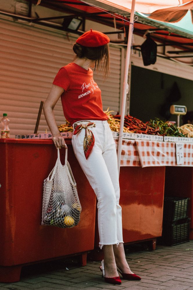 Mango trending feminist t-shirt, feminist tee trending on pinterest and instagram, feminist t-shirt, feminist, zara white raw hem mom jeans, levi’s fit white mom jeans, mango conscious organic cotton white mom jeans, raw hem denim, straight leg white jeans, the best white jeans you will find on market, farmers market lifestyle editorial, farmers market fashion editorial, flea market red beret, how to wear a red beret like a parisian, ways to wearing a beret, how to wear a beret, how to pull off a beret, what to wear with red, red and white outfit, j'adior lookalike red velvet slingback shoes, kitten heel dior sling back shoes, slingbacks, jadior shoes, j’adior, red velvet shoes, best shoes for summer and fall autumn, red shoes, how to wear red shoes like a pro, velvet trend 2017, the net bag that is all over instagra, the ugly net bag all bloggers are wearing, crochet bag, summer crochet bag, red beret, topshop clear lens gold aviator glasses, frames, sunglasses, sunnies, how to wear clear lens glasses and not look like a nerd, how to pull of the clear lens glasses trend, prescription glasses, andreea birsan, couturezilla, cute summer outfit ideas 2017, vintage lookalike red scarf, silk scarf, 100 ways of wearing a scarf, statement earrings, thunder earrings, cool earrings from hm, bershka red feminist t-shirt, trending in fashion, how to look Parisian chic, European summer street style inspiration for women 2017, pinterest chic outfit ideas for woman, summer outfit ideas, summer ootd inspiration, outfit of the day, ootd, fashion icon, style inspiration, fashionista, fashion inspiration, style inspo, what to wear in summer, how to look French, chic on a budget, zara outfit, mango, topshop, asos, river island, forever 21, urban outfitters, how to mix high end pieces with luxury ones, zara and Gucci, how to look chic when not wearing a dress, outfit alternatives for summer, tomboy chic, minimal outfit, tumblr girls photos, pictures, happy girl, women, smart casual outfits, the best outfit ideas 2017, what to wear when you don’t feel inspired, summer in Europe, weekend attire, uniform, French women in summer, European outfit ideas 2017, minimal chic outfit, how to stand out, the best outfit ideas for summer, the sunglasses you have seen everywhere on Instagram, glasses, uk fashion blogger, united kingdom, uk fashion blog, fashion and travel blog, Europe, women with style, street style, summer fashion trends 2017, best fashion ideas, styling, slingbacks