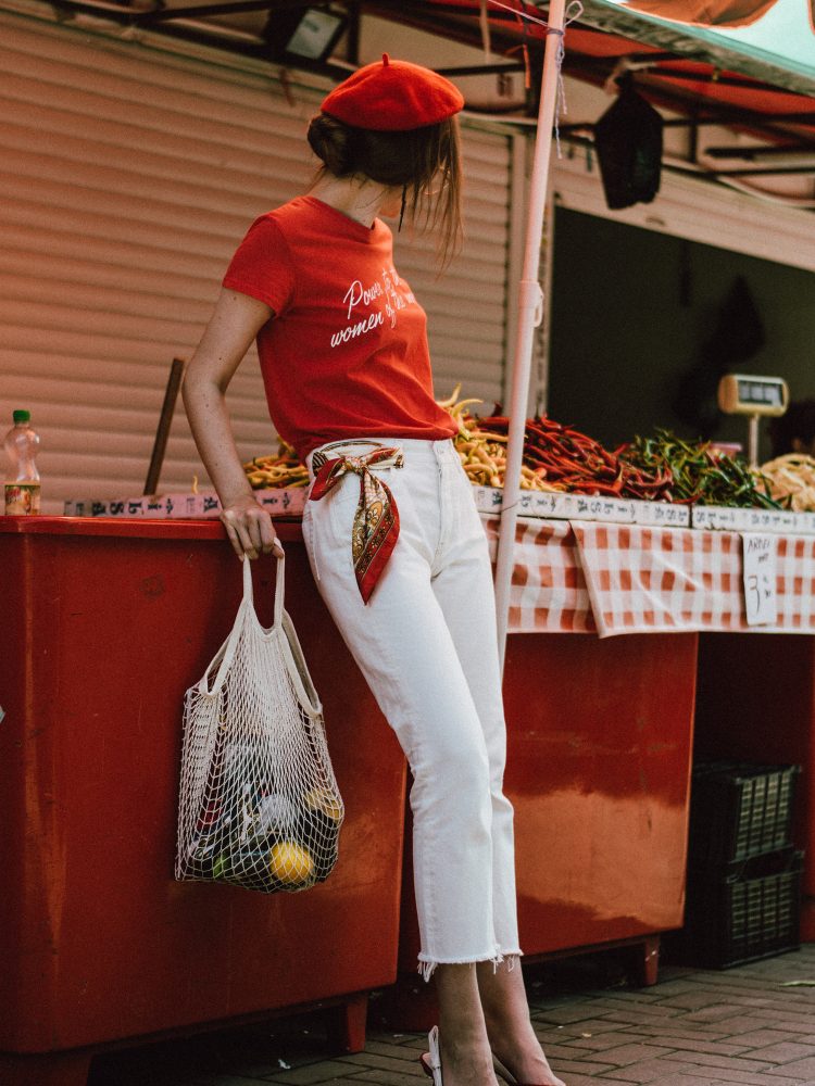 Mango trending feminist t-shirt, feminist tee trending on pinterest and instagram, feminist t-shirt, feminist, zara white raw hem mom jeans, levi’s fit white mom jeans, mango conscious organic cotton white mom jeans, raw hem denim, straight leg white jeans, the best white jeans you will find on market, farmers market lifestyle editorial, farmers market fashion editorial, flea market red beret, how to wear a red beret like a parisian, ways to wearing a beret, how to wear a beret, how to pull off a beret, what to wear with red, red and white outfit, j'adior lookalike red velvet slingback shoes, kitten heel dior sling back shoes, slingbacks, jadior shoes, j’adior, red velvet shoes, best shoes for summer and fall autumn, red shoes, how to wear red shoes like a pro, velvet trend 2017, the net bag that is all over instagra, the ugly net bag all bloggers are wearing, crochet bag, summer crochet bag, red beret, topshop clear lens gold aviator glasses, frames, sunglasses, sunnies, how to wear clear lens glasses and not look like a nerd, how to pull of the clear lens glasses trend, prescription glasses, andreea birsan, couturezilla, cute summer outfit ideas 2017, vintage lookalike red scarf, silk scarf, 100 ways of wearing a scarf, statement earrings, thunder earrings, cool earrings from hm, bershka red feminist t-shirt, trending in fashion, how to look Parisian chic, European summer street style inspiration for women 2017, pinterest chic outfit ideas for woman, summer outfit ideas, summer ootd inspiration, outfit of the day, ootd, fashion icon, style inspiration, fashionista, fashion inspiration, style inspo, what to wear in summer, how to look French, chic on a budget, zara outfit, mango, topshop, asos, river island, forever 21, urban outfitters, how to mix high end pieces with luxury ones, zara and Gucci, how to look chic when not wearing a dress, outfit alternatives for summer, tomboy chic, minimal outfit, tumblr girls photos, pictures, happy girl, women, smart casual outfits, the best outfit ideas 2017, what to wear when you don’t feel inspired, summer in Europe, weekend attire, uniform, French women in summer, European outfit ideas 2017, minimal chic outfit, how to stand out, the best outfit ideas for summer, the sunglasses you have seen everywhere on Instagram, glasses, uk fashion blogger, united kingdom, uk fashion blog, fashion and travel blog, Europe, women with style, street style, summer fashion trends 2017, best fashion ideas, styling, slingbacks