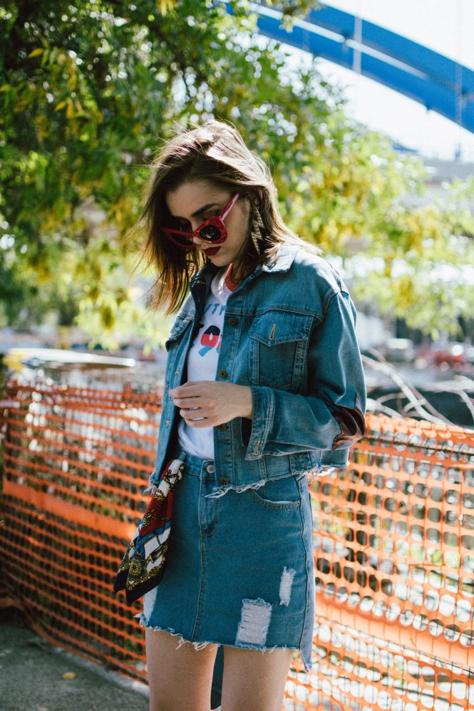 Zara double denim outfit, denim on denim transitional outfit 2017, mango mini distressed asymmetrical skirt, cropped raw hem denim jacket, retro printed t-shirt, dior red velvet slingback shoes, prada mini cobalt blue leather bag, andreea birsan, couturezilla, transitional cute fall outfit ideas 2017, light wash denim, jeans, printed tee, vintage inspired tee, safiano lux borsa a mano cobalt prada bag, fall layering, contrast pannel t-shirt, star printed denim jacket, red velvet kitten heel shoes, dior lookalike shoes, j’adior, slingbacks, red oversize cat eye sunglasses, statement earrings, how to look Parisian chic, European summer street style inspiration for women 2017, pinterest chic outfit ideas for woman, summer outfit ideas, summer ootd inspiration, outfit of the day, ootd, fashion icon, style inspiration, fashionista, fashion inspiration, style inspo, what to wear in summer, how to look French, chic on a budget, zara outfit, mango, topshop, asos, river island, forever 21, urban outfitters, how to mix high end pieces with luxury ones, zara and Gucci,outfit alternatives for summer, tomboy chic, minimal outfit, tumblr girls photos, pictures, happy girl, women, smart casual outfits, the best outfit ideas 2017, what to wear when you don’t feel inspired, summer in Europe, weekend attire, uniform, French women in summer, European outfit ideas 2017, minimal chic outfit, how to stand out, the best outfit ideas for summer, the sunglasses you have seen everywhere on Instagram, glasses, uk fashion blogger, united kingdom, uk fashion blog, fashion and travel blog, Europe, women with style, street style, summer fashion trends 2017, best fashion ideas, styling, fall fashion, fall outfit, fall ootd, fall perfect, transitional dressing, best transitional outfit ideas, how to wear statement earrings, dressing for autumn, autumn outfit