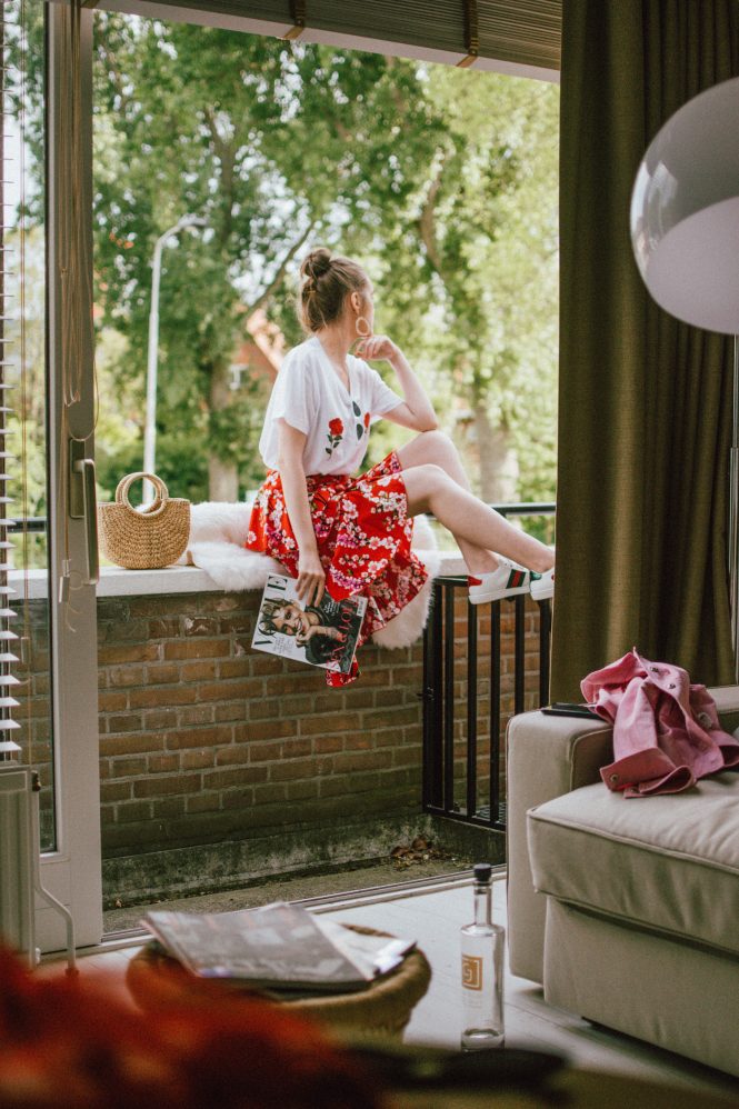 Hotel Casa Julia Delft, Netherlands, andreea birsan cute summer outfit 2018, couturezilla, travel diary, where to stay in delft, hotel review, where to stay in delft, holland, cities close to amsterdam, best hotels in holland, andreea birsan, couturezilla, travel diary 2018, hotels in the hague, four star hotels, the best hotels in the netherlands, junior suite, chic hotel, cozy and friendly staff, phone with free internet, wifi, comfortable room, vanity place, gluten free breakfast options, fresh flowers, travel diary, the best hotels, hotel review, hotel edit, what to do in the hague, the best hotel to stay at in the hague, breakfast, flower bouquet, midi floral skirt, red skirt, rose embroidered t-shirt, roses, white t-shirt, gucci ace heart embroidered sneakers, white small cat eye sunglasses, breakfast with fresh vegetables, croissants, cheese, omelette, best breakfast in deft, friendly staff at casa julia, the netherlands, garden, silent neighborhood hotel